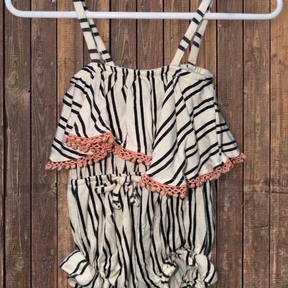 Jessica Simpson Baby Girl Striped Romper Pink Ruffle Trim Black Cream 12M